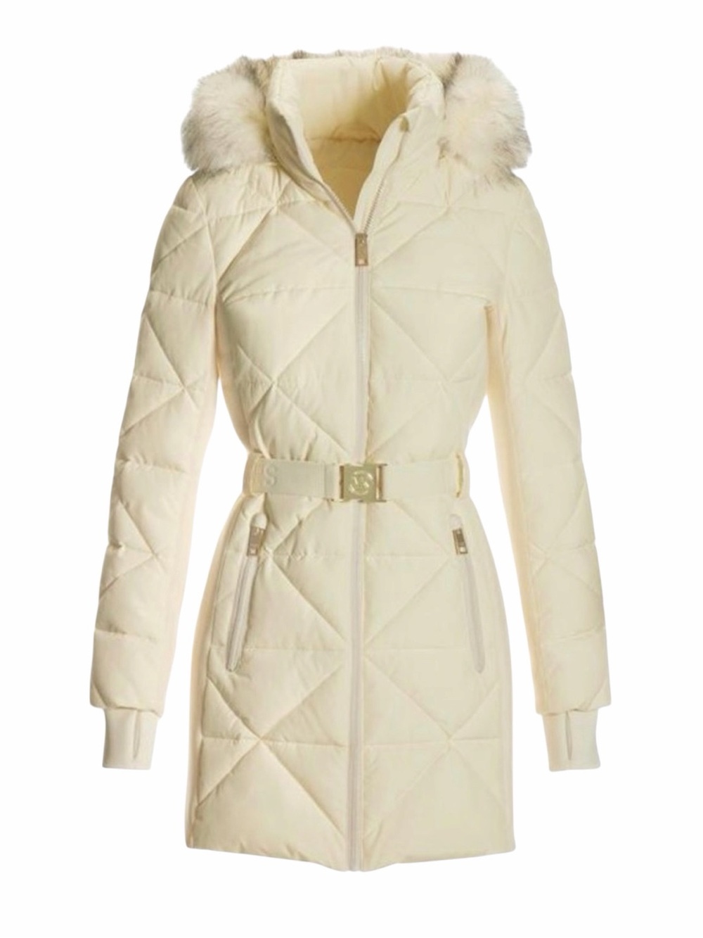 MICHAEL KORS Women’s Belted Puffer Jacket Faux Fur Trim Bone Off White Small NEW